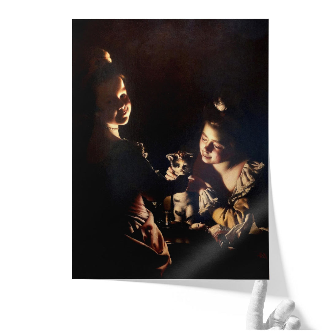 Two Girls Dressing a Kitten by Candlelight - Canvas Print Wall Art