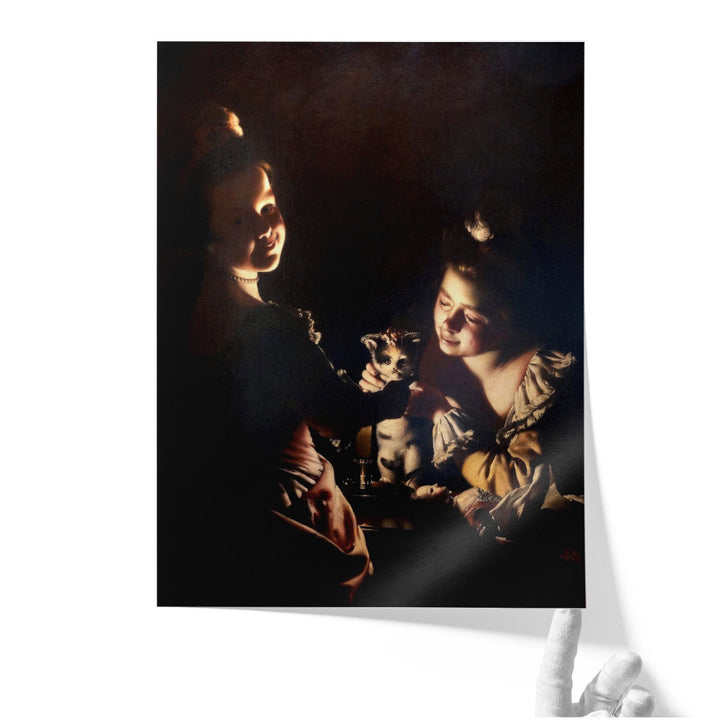 Two Girls Dressing a Kitten by Candlelight - Canvas Print Wall Art