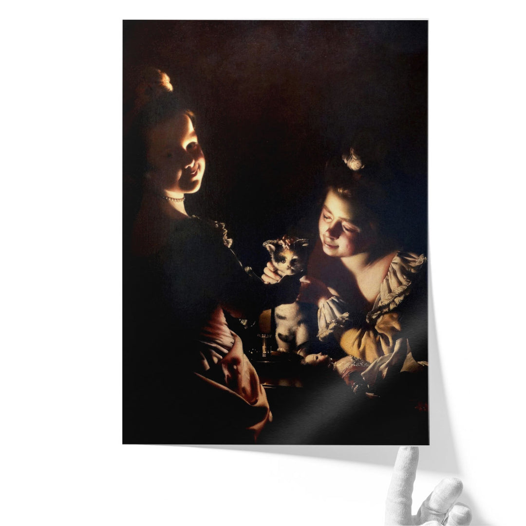 Two Girls Dressing a Kitten by Candlelight - Canvas Print Wall Art