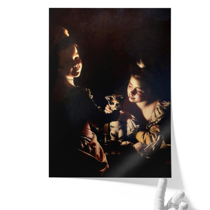 Two Girls Dressing a Kitten by Candlelight - Canvas Print Wall Art