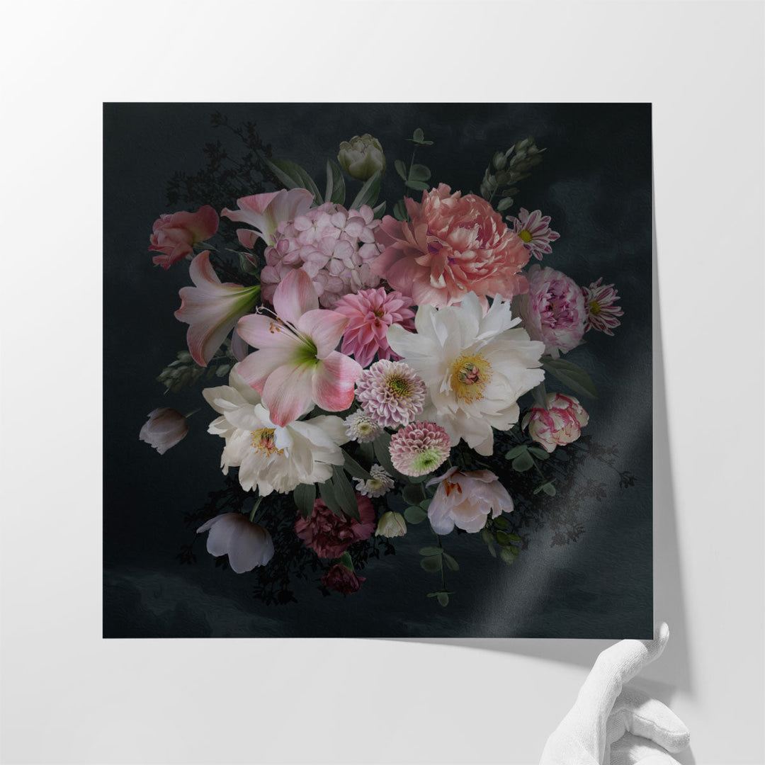 Pink and White Peonies, Roses, Tulips Bouquet On Dark Background - Canvas Print Wall Art