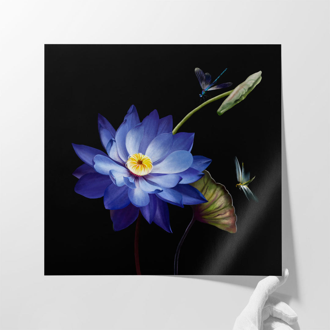 Purple Lotus Flower Close-up With Dradonflies - Canvas Print Wall Art