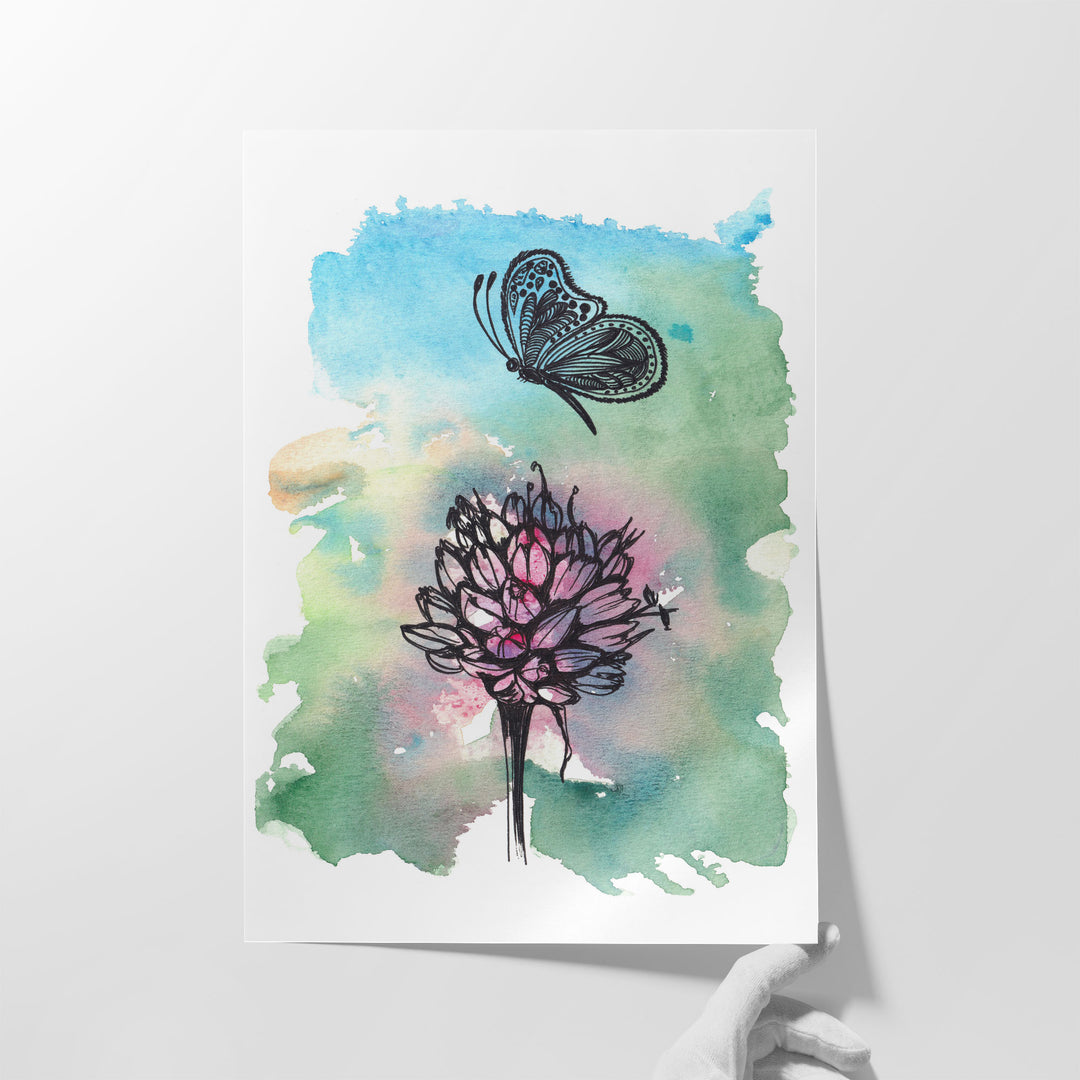 A Flower and A Butterfly, Watercolor Style - Canvas Print Wall Art