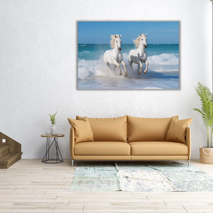 Two White Horses Running On a Beach - Canvas Print Wall Art