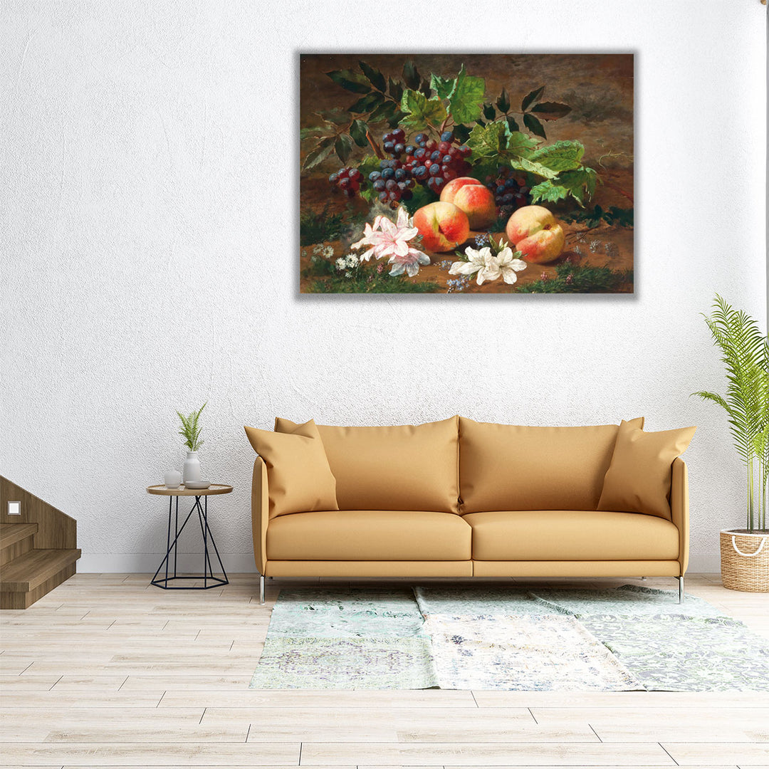 A Forest Still Life with Peach and Grapes - Canvas Print Wall Art