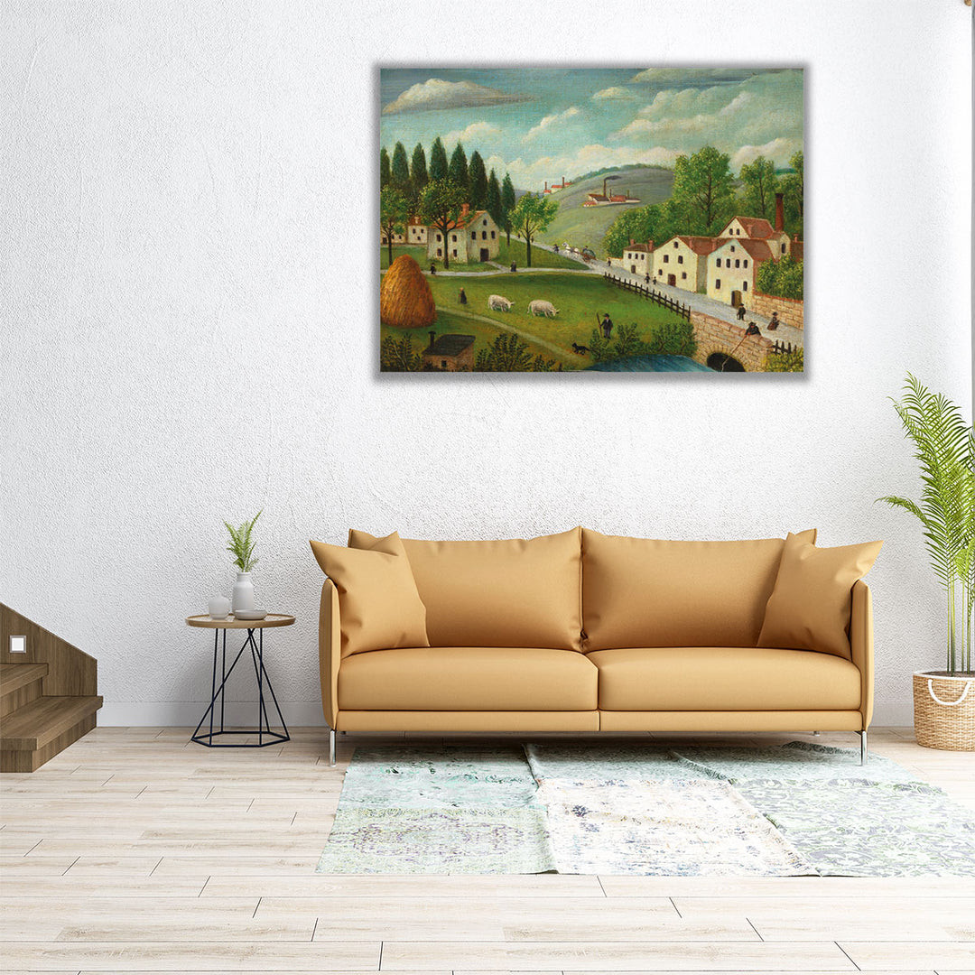 Pastoral Landscape with Stream, Fisherman and Strollers - Canvas Print Wall Art
