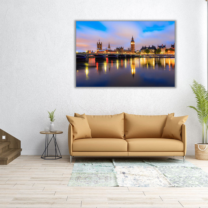 Houses of Parliament At Dusk in London Skyline - Canvas Print Wall Art