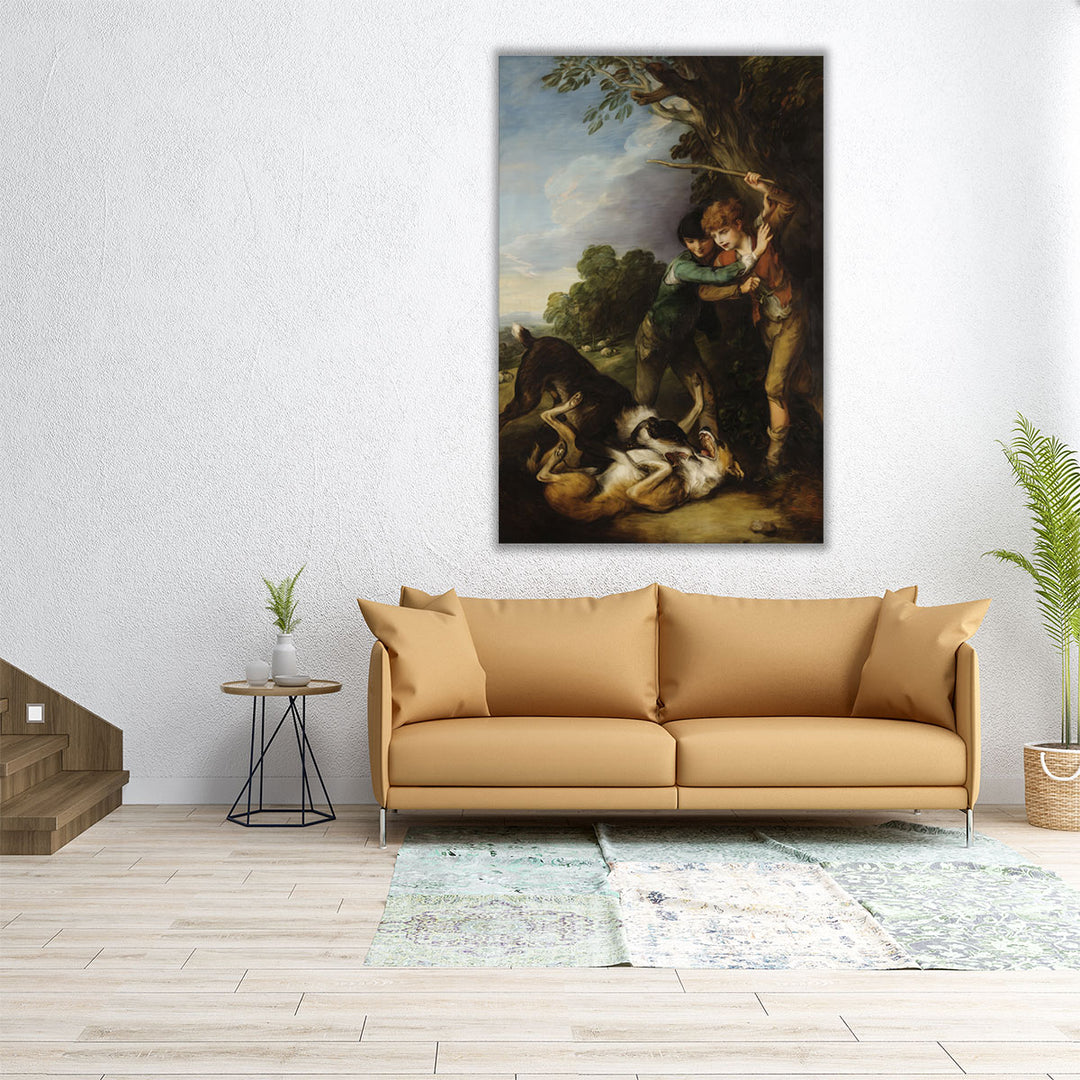 Two Shepherd Boys with Dogs Fighting - Canvas Print Wall Art