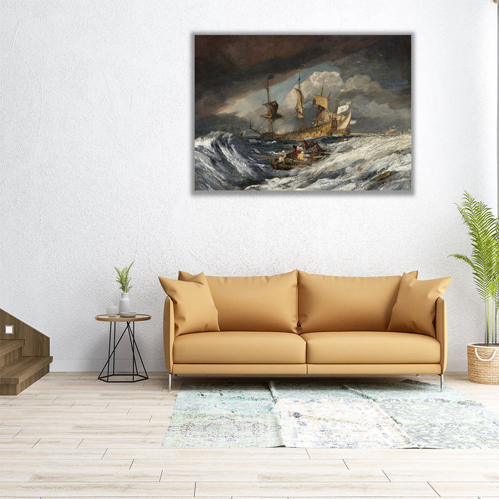Boats Carrying Out Anchors to the Dutch Men of War - Canvas Print Wall Art