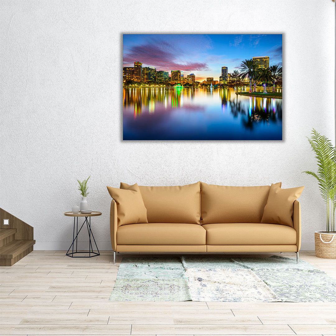 Orlando, Florida Downtown City Skyline On Eola Lake - Canvas Print Wall Art