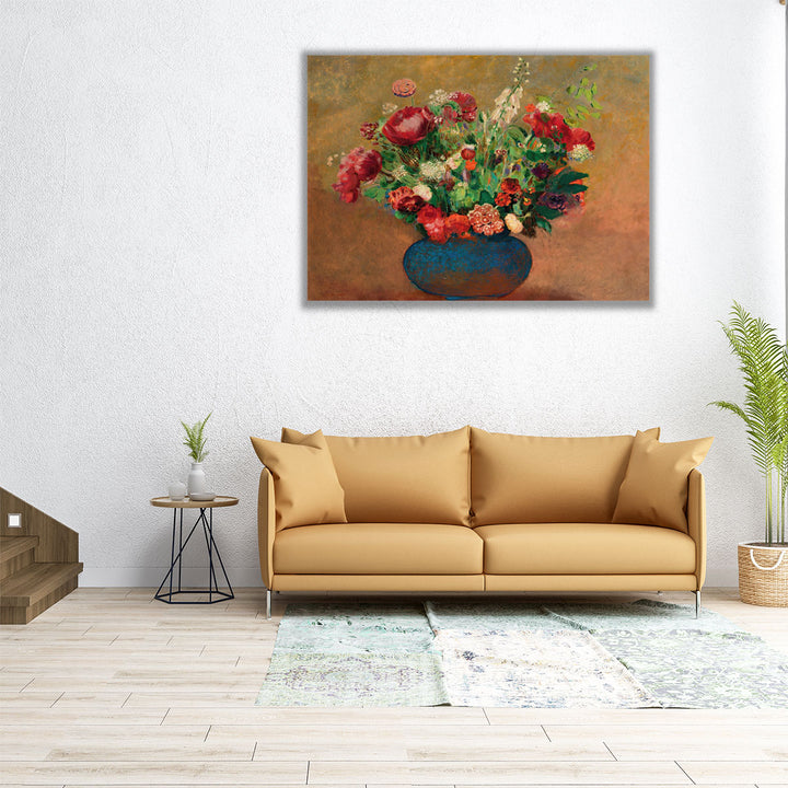 Pavots Et Oeillets De Poète Dans Un Vase Bleu - Canvas Print Wall Art