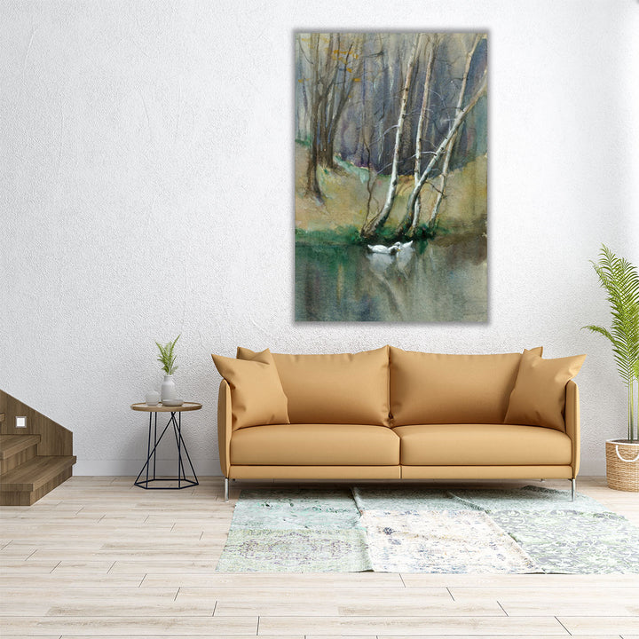 Wood Scene with Birch Trees and Ducks - Canvas Print Wall Art