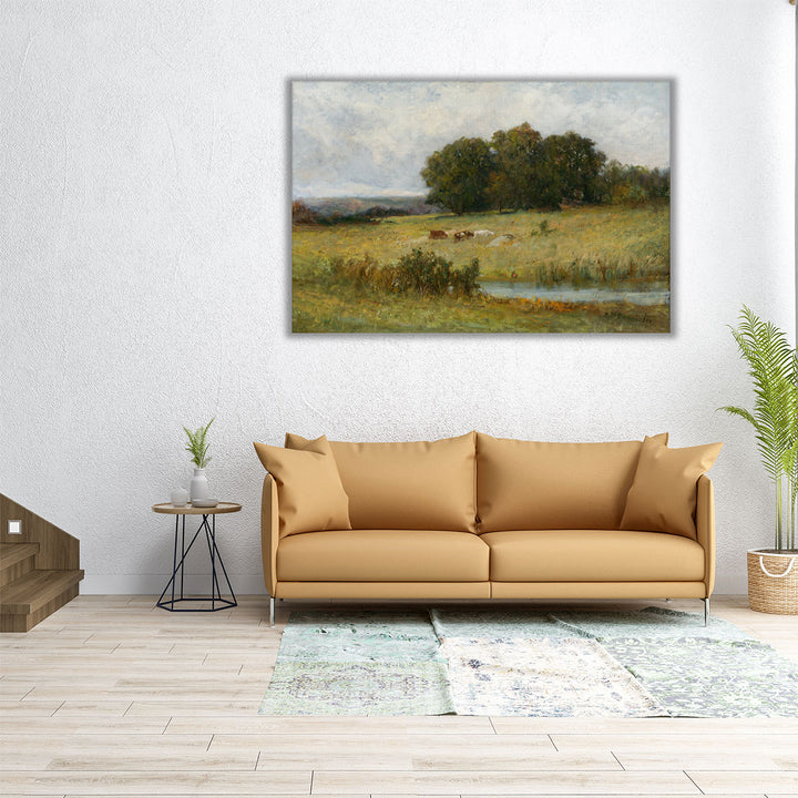 Bright Scene of Cattle near Stream - Canvas Print Wall Art