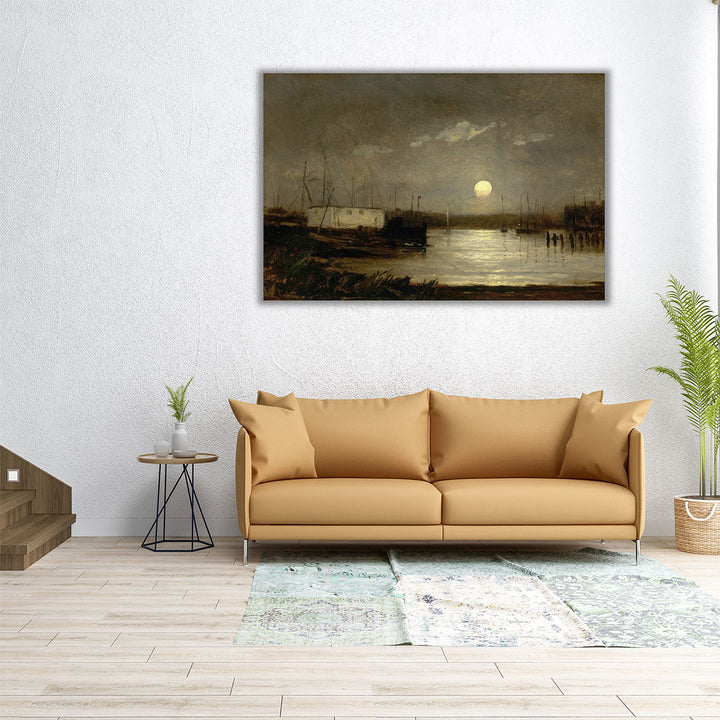 Wharf Scene with Full Moon and Masts of Boats - Canvas Print Wall Art