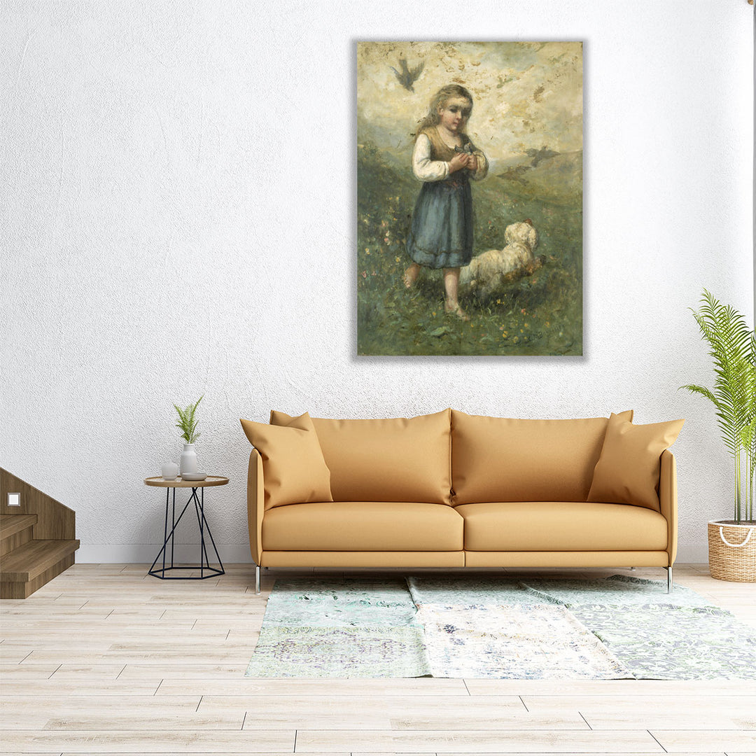 Child with Birds and Dog - Canvas Print Wall Art