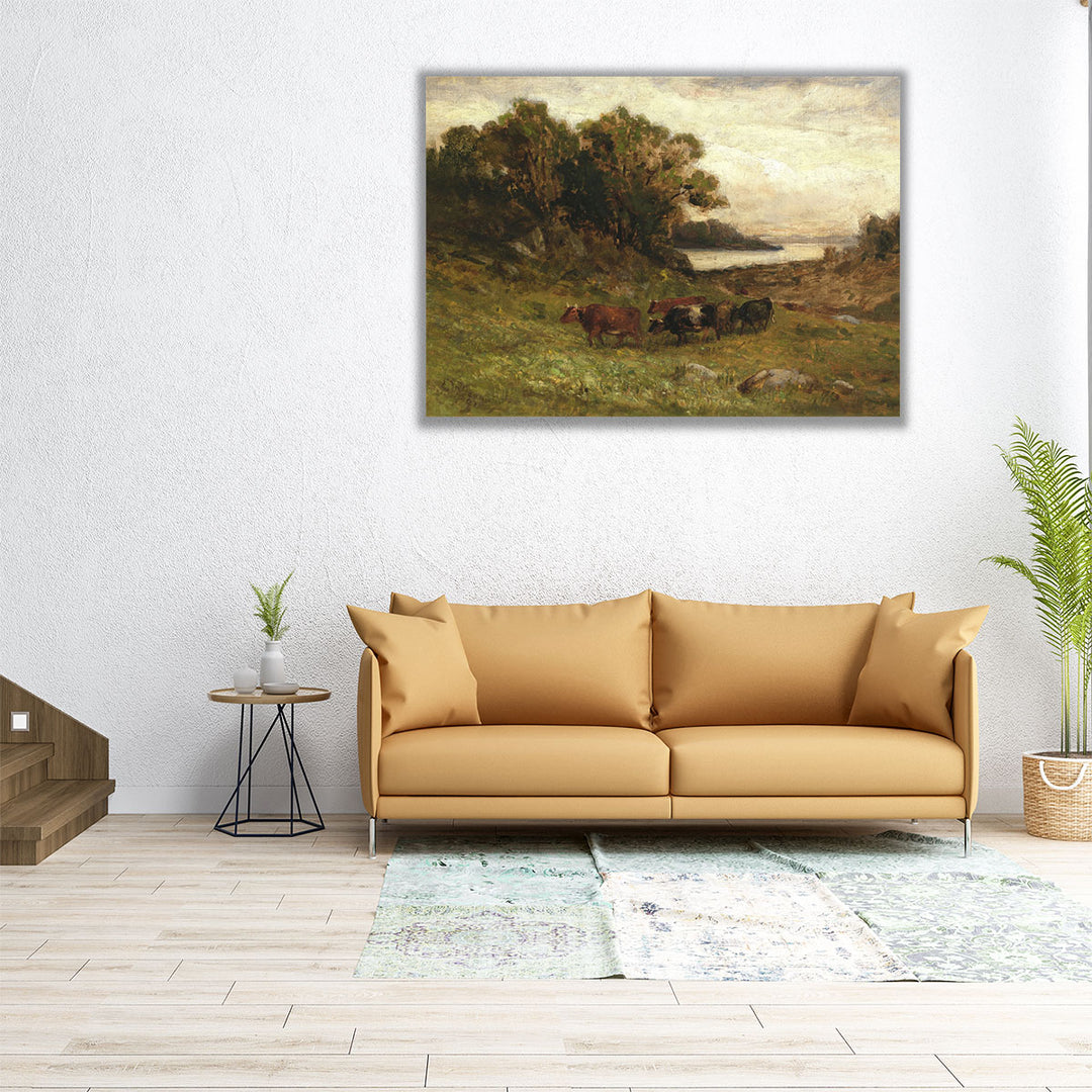 Five Cows Grazing with Trees and River in Background - Canvas Print Wall Art