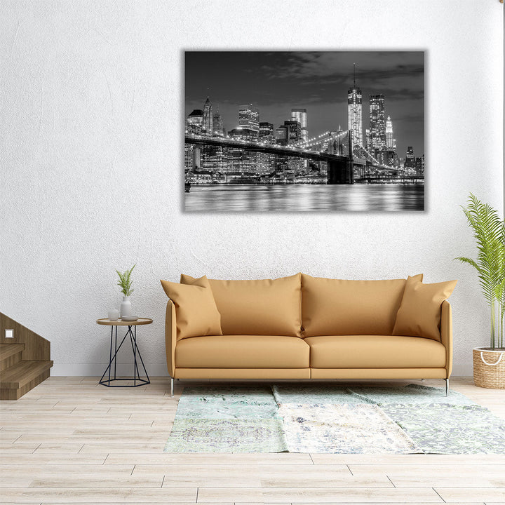 Brooklyn Bridge and Manhattan Skyline At Night in Black and White - Canvas Print Wall Art