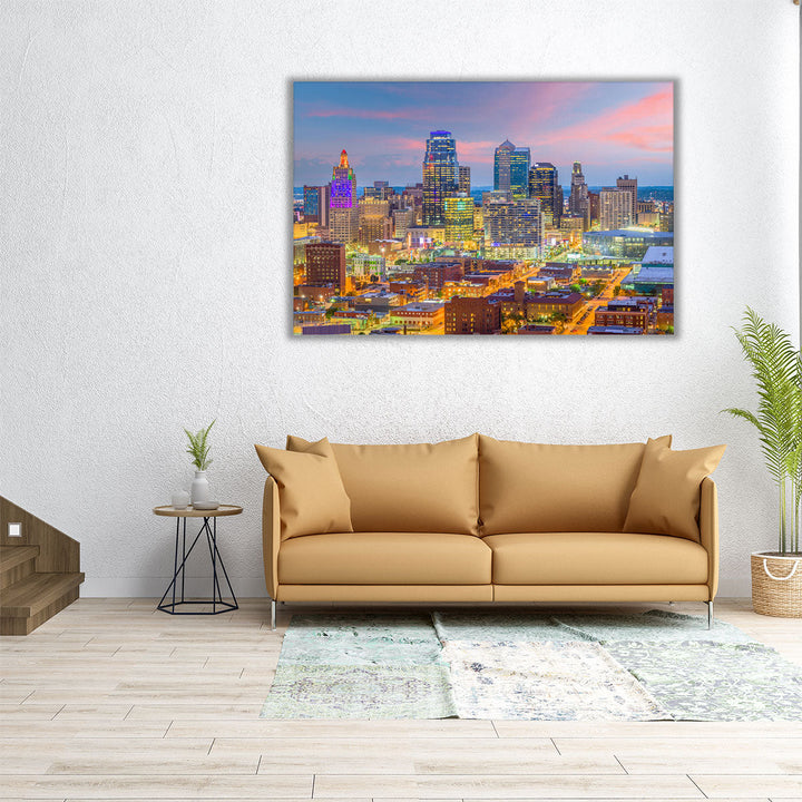 Kansas City, Missouri, Downtown Cityscape At Twilight - Canvas Print Wall Art