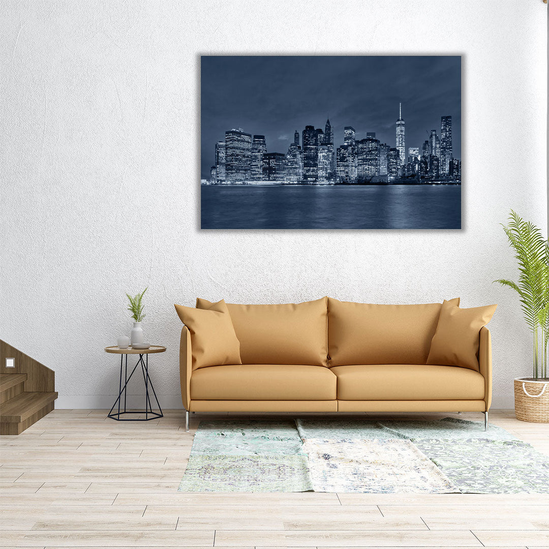 New York City Manhattan Downtown Skyline At Night - Canvas Print Wall Art