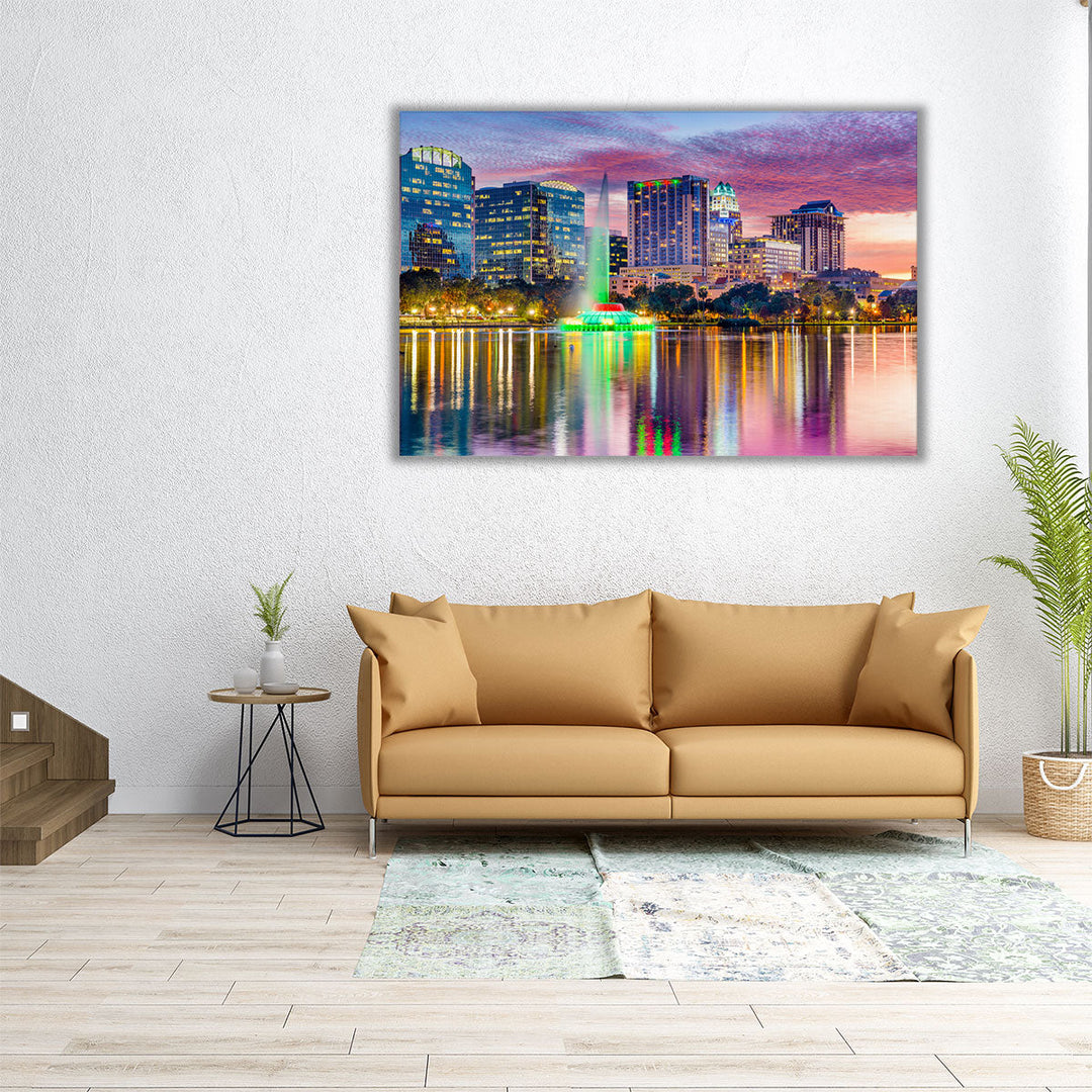 Orlando, Florida, Skyline At Dusk on Eola Lake - Canvas Print Wall Art