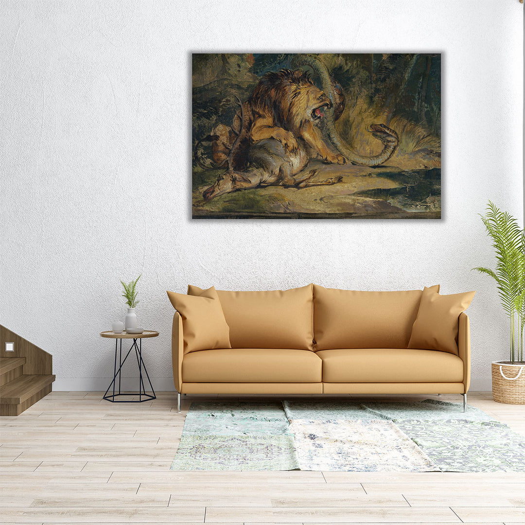 Lion Defending its Prey - Canvas Print Wall Art