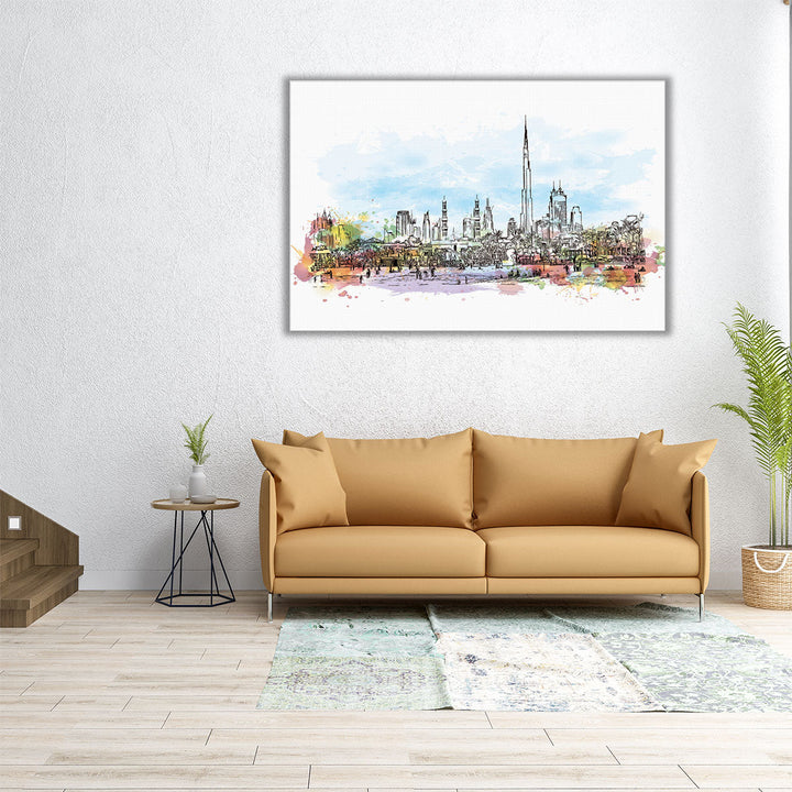 Watercolor Sketch of Jumeirah Beach with Burj Skyline Dubai - Canvas Print Wall Art