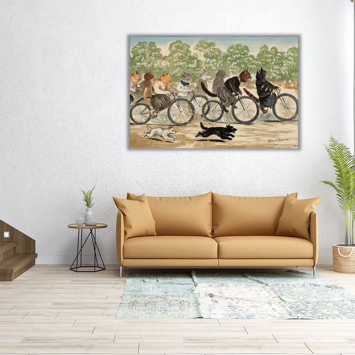 A Group of Cats Engaged in a Cycle Race in Hyde Park - Canvas Print Wall Art