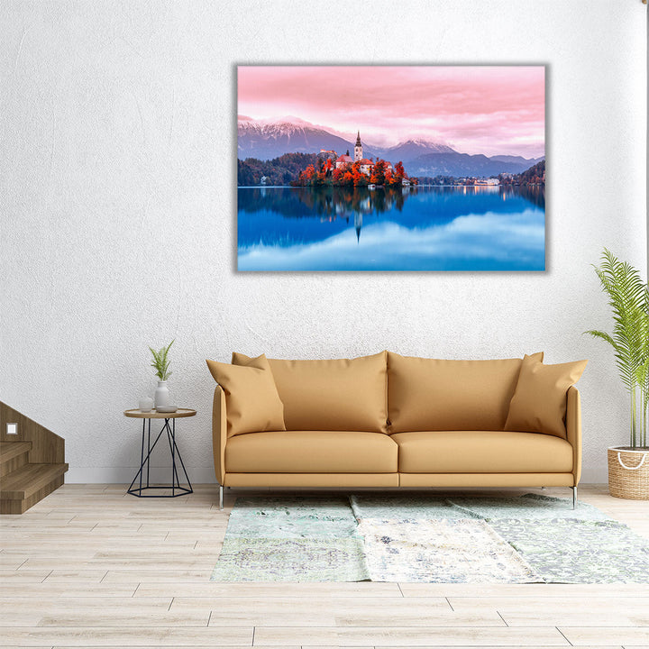 Ancient Church and Bled lake in Slovenia - Canvas Print Wall Art