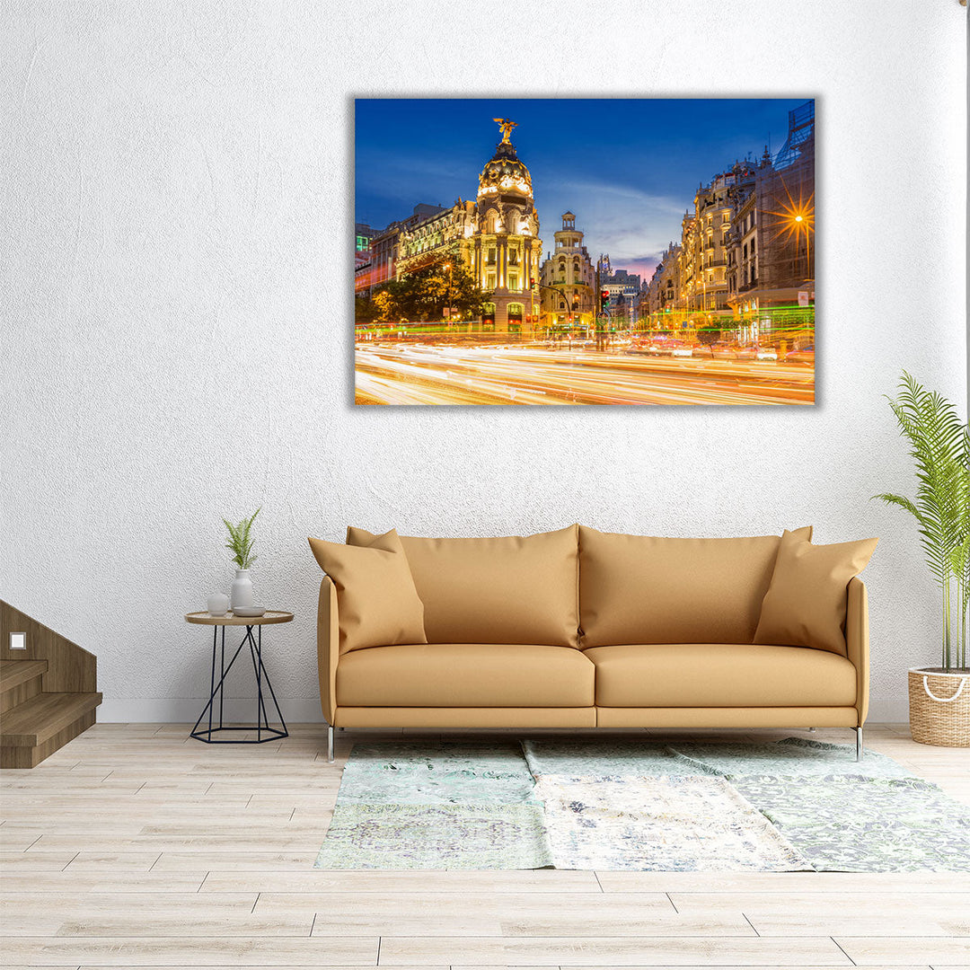 Madrid Gran via at Dusk Time, Spain - Canvas Print Wall Art