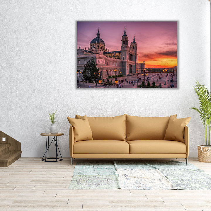 Madrid, Spain the Cathedral of Saint Mary, The Royal of La Almudena at Sunset - Canvas Print Wall Art