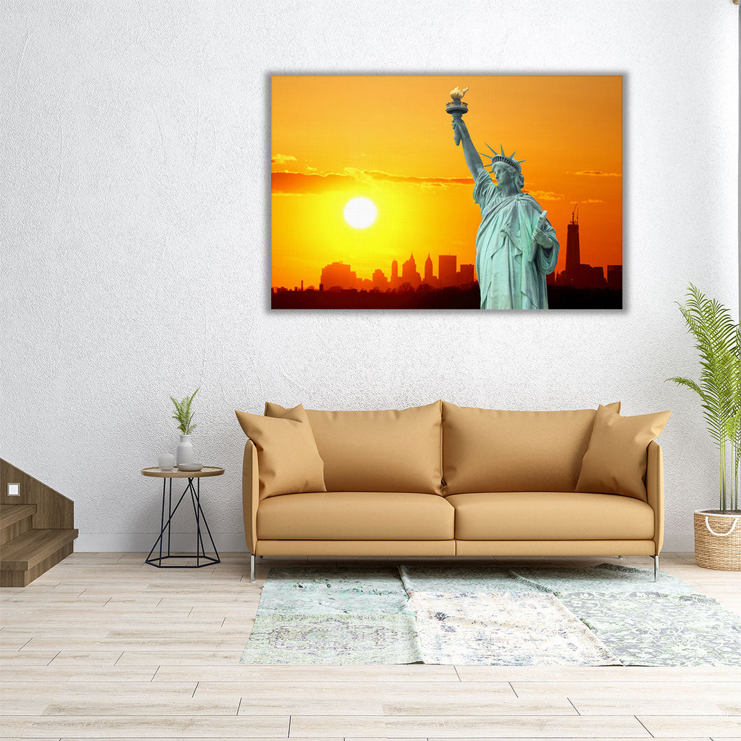 Manhattan Skyline and The Statue of Liberty at Sunset, New York City - Canvas Print Wall Art