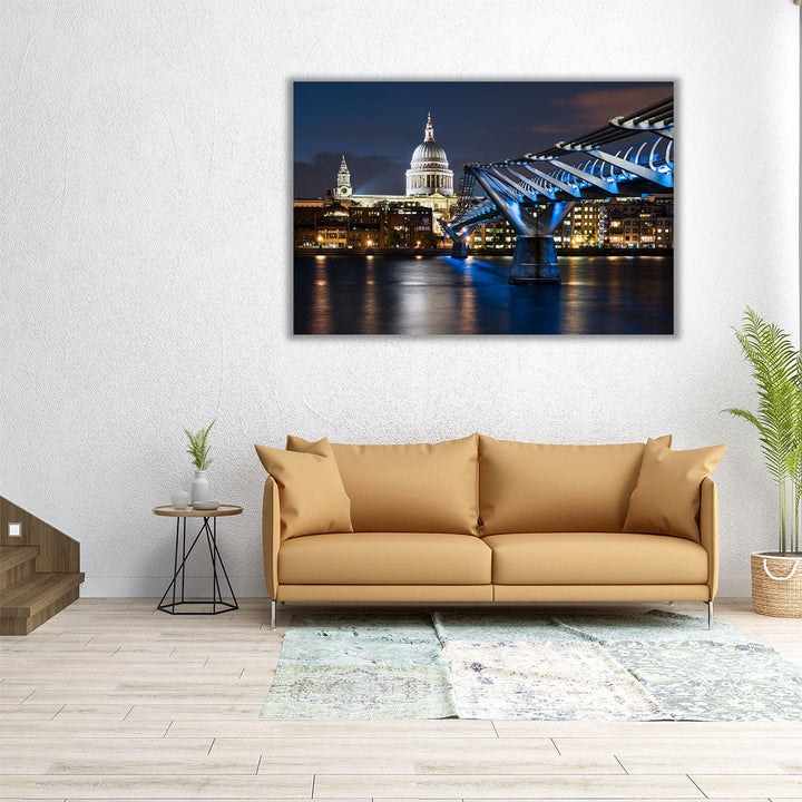 St Paul's Cathedral and Millennium Footbridge Over the Thames London Skyline - Canvas Print Wall Art