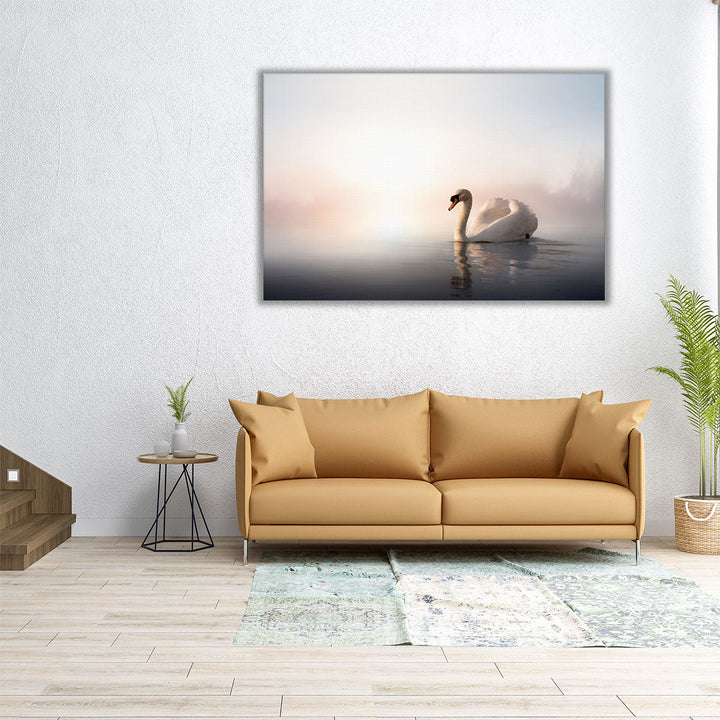 Swan Floating on the Water At Sunrise - A Minimalistic Art - Canvas Print Wall Art