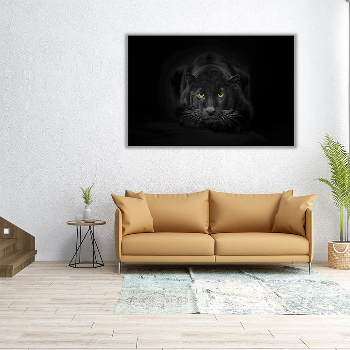 Black Panther Sitting in a Dark Background - Canvas Print Wall Art