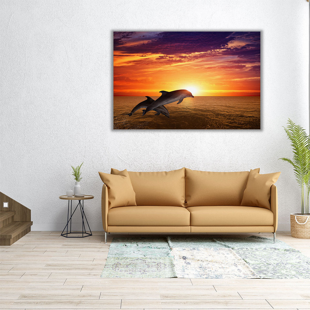 Jumping Dolphins, Beautiful Red Sunset on Sea - Canvas Print Wall Art