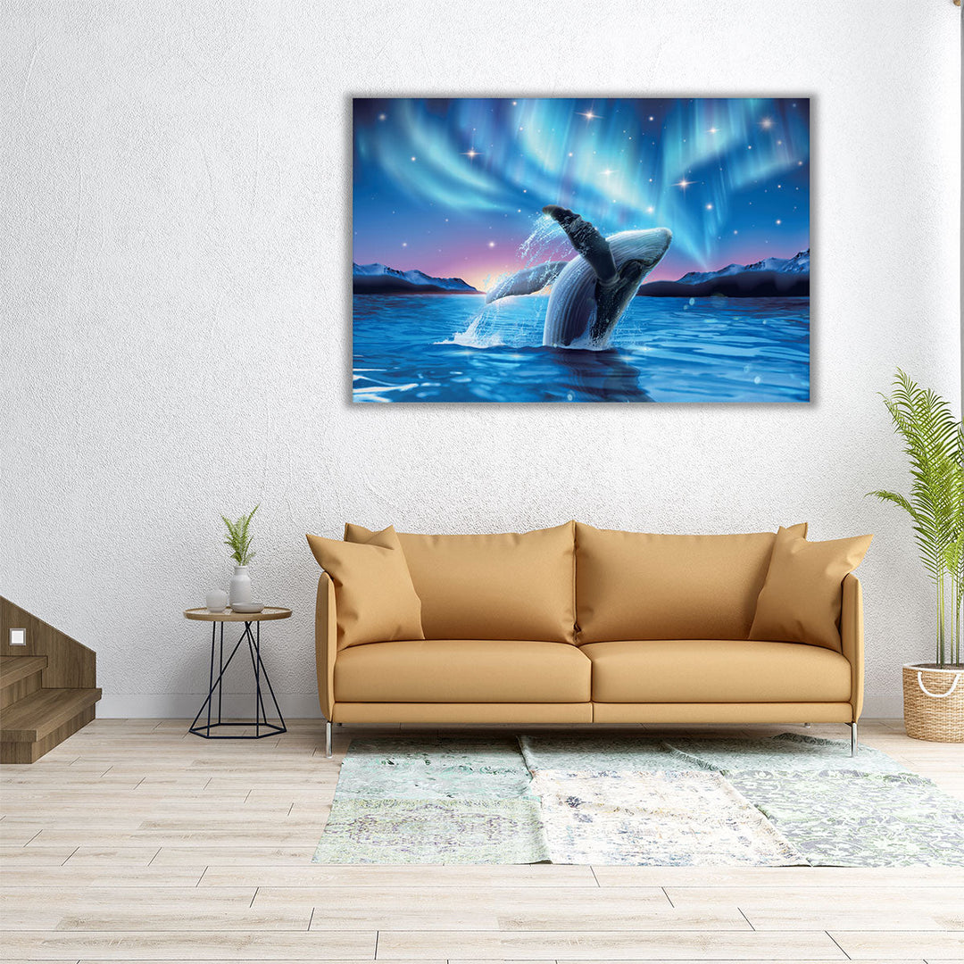 Humpback Whale Breaching Water With Breathtaking Aurora - Canvas Print Wall Art