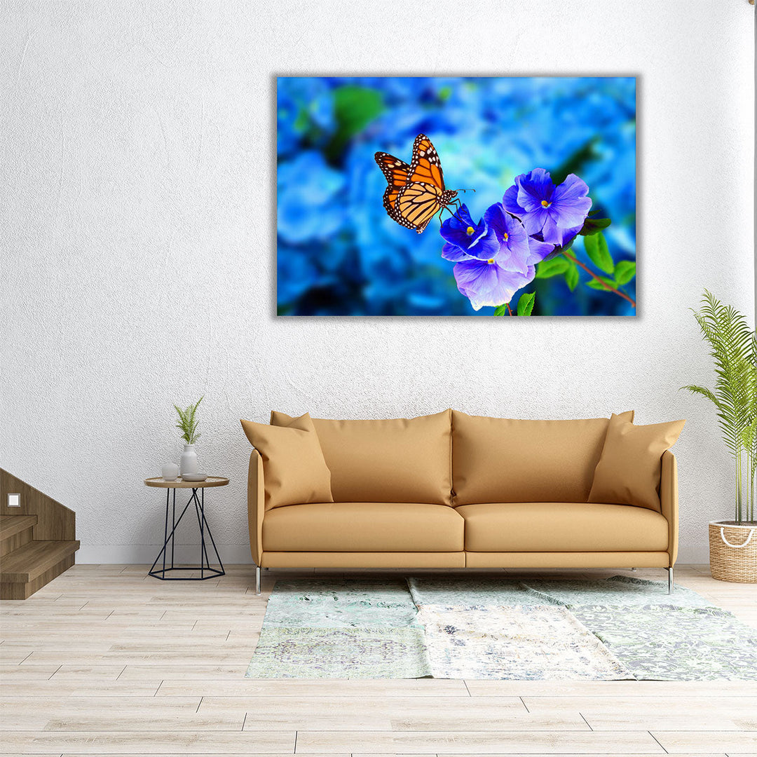 Beautiful Butterfly on Blue Flowers - Canvas Print Wall Art