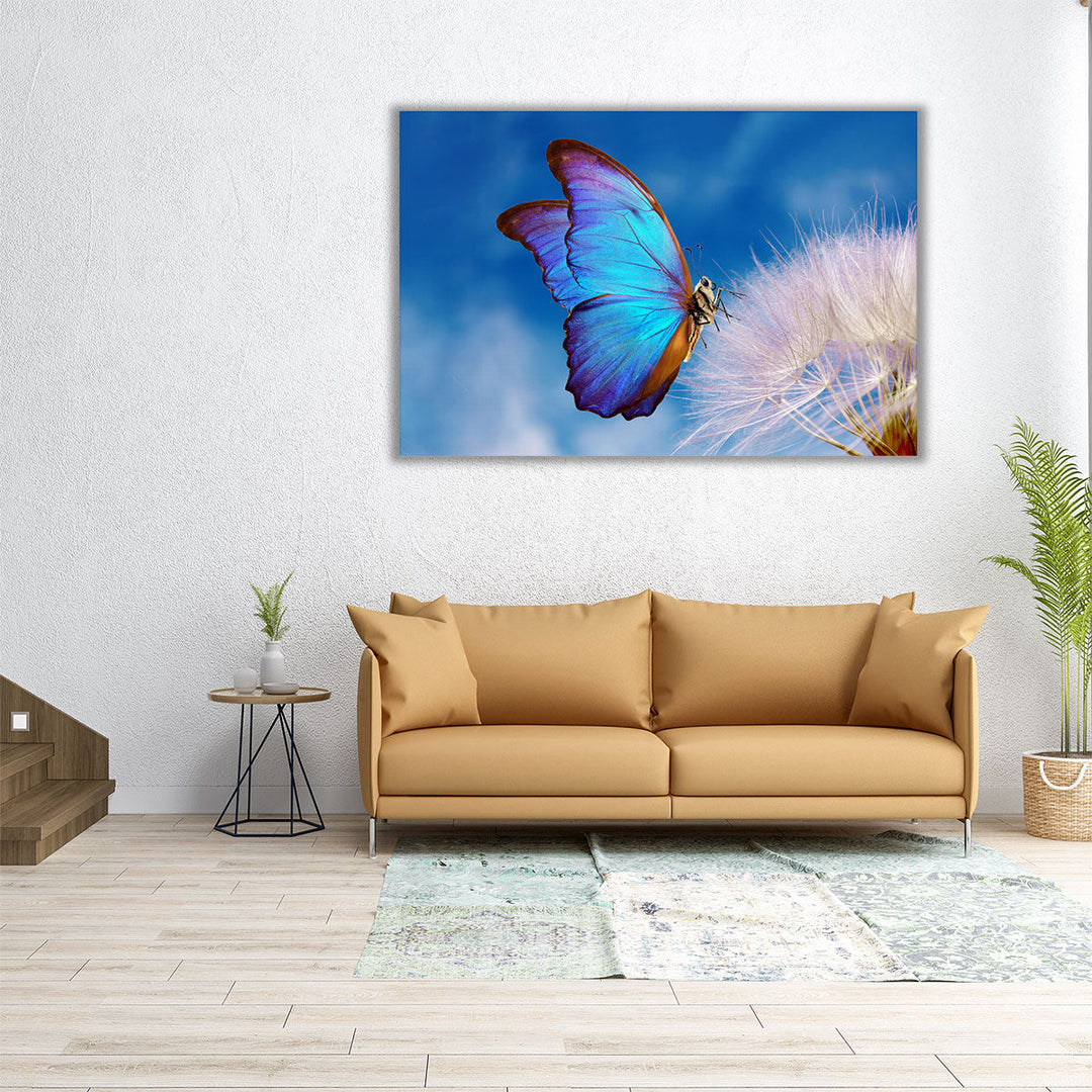 Morpho Butterfly and Dandelion Flower with Blue Sky - Canvas Print Wall Art