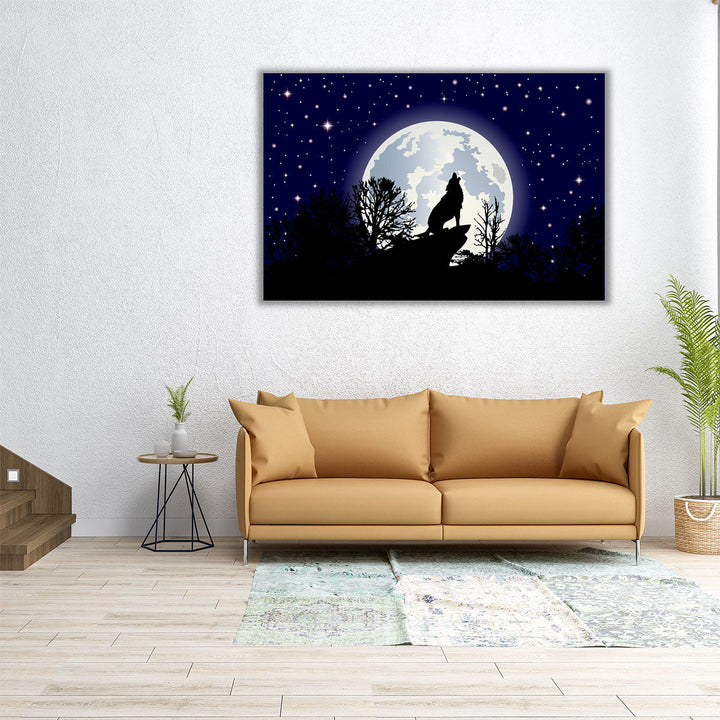 Howling Lone Wolf with Full Moon Background - Canvas Print Wall Art