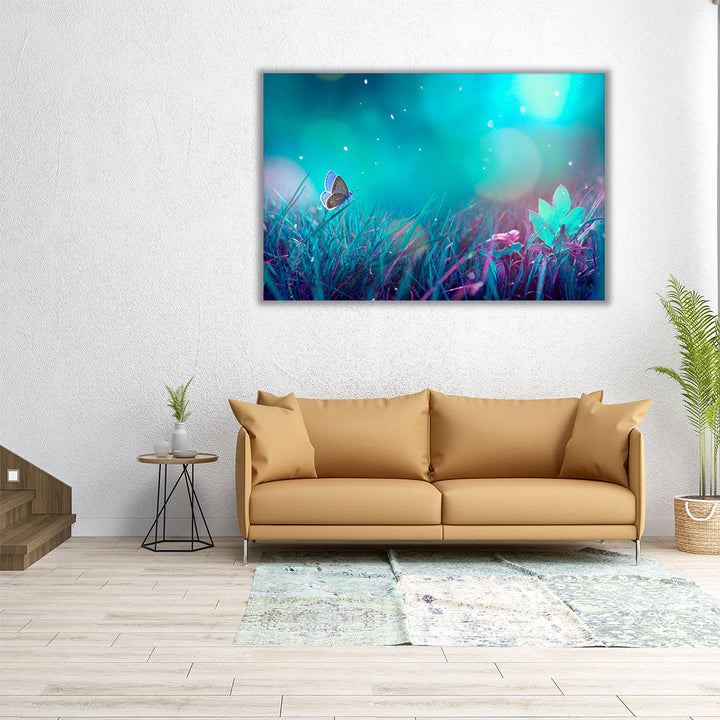 Butterfly in a Meadow At Night, Turquoise Background - Canvas Print Wall Art