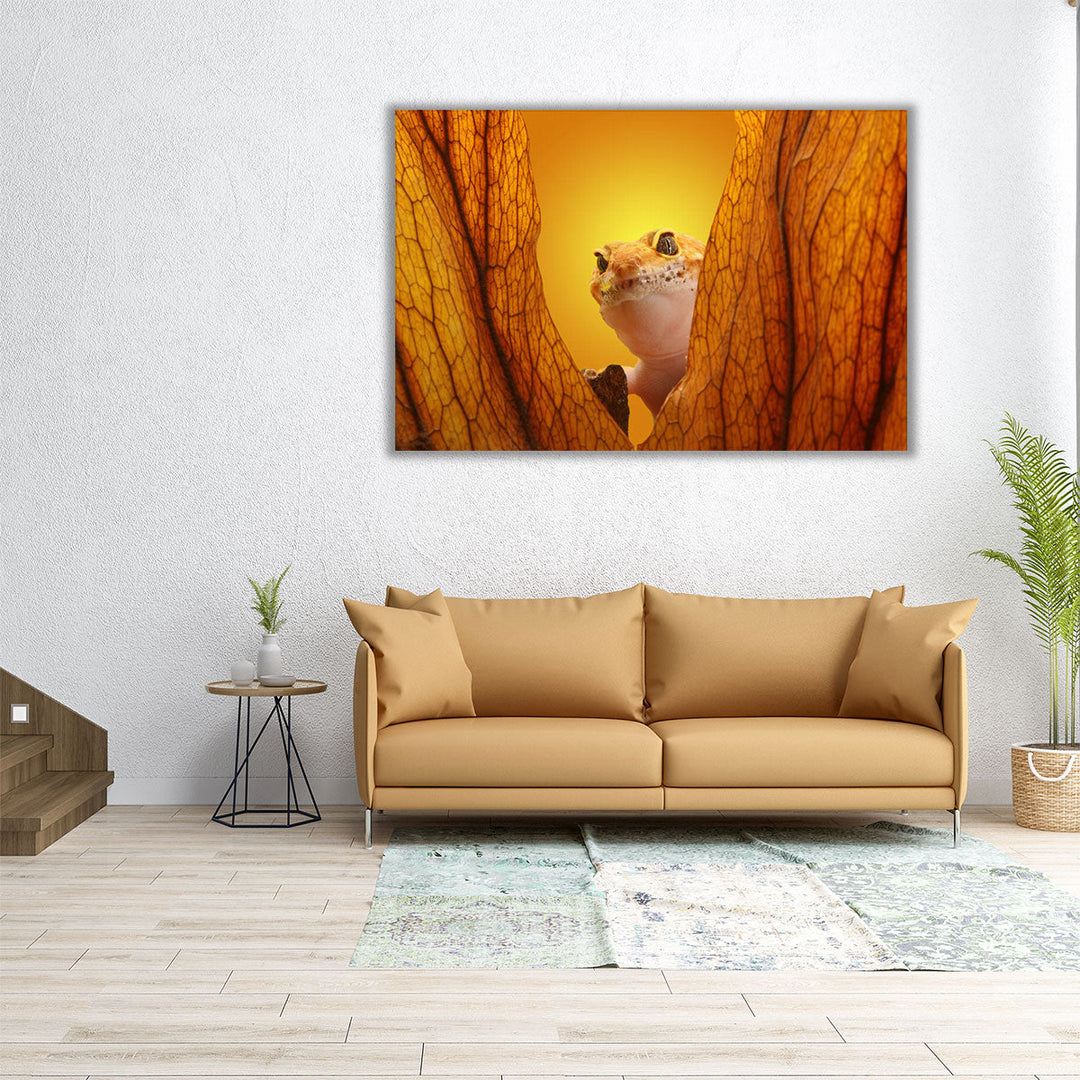 Gecko Lizard on Yellow Background - Canvas Print Wall Art