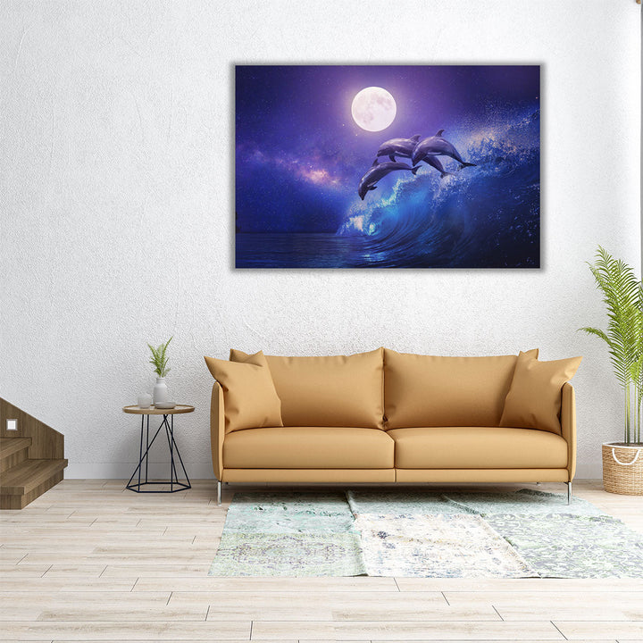 Three Dolphins Leaping in a Sea, Night Ocean and Full Moon - Canvas Print Wall Art