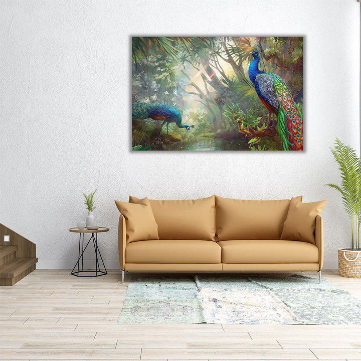 Two Beautiful Peacocks In the Forest Painting Print - Canvas Print Wall Art