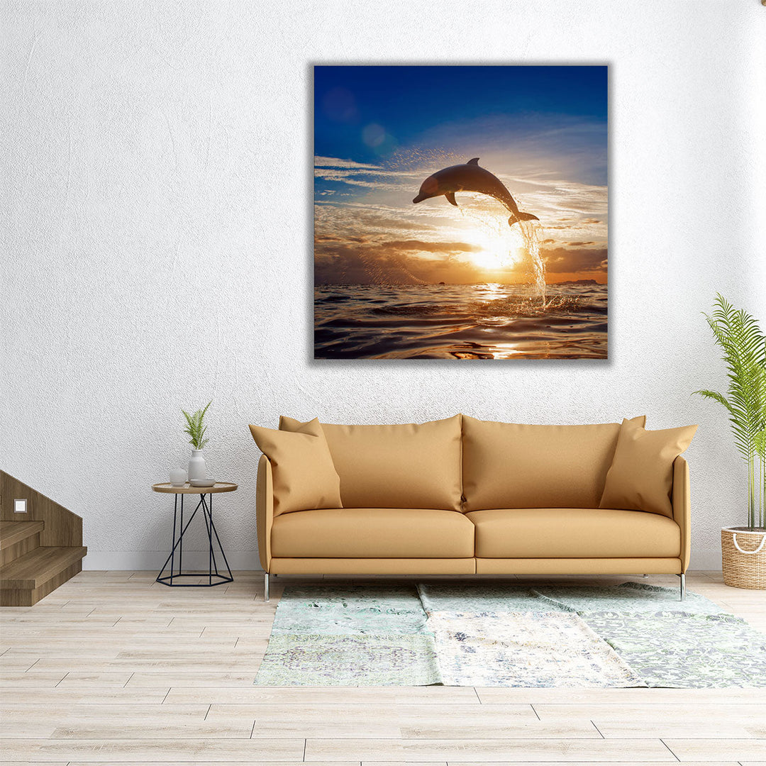 A Dolphin Leaping From Sea Water During Shining Sunset - Canvas Print Wall Art