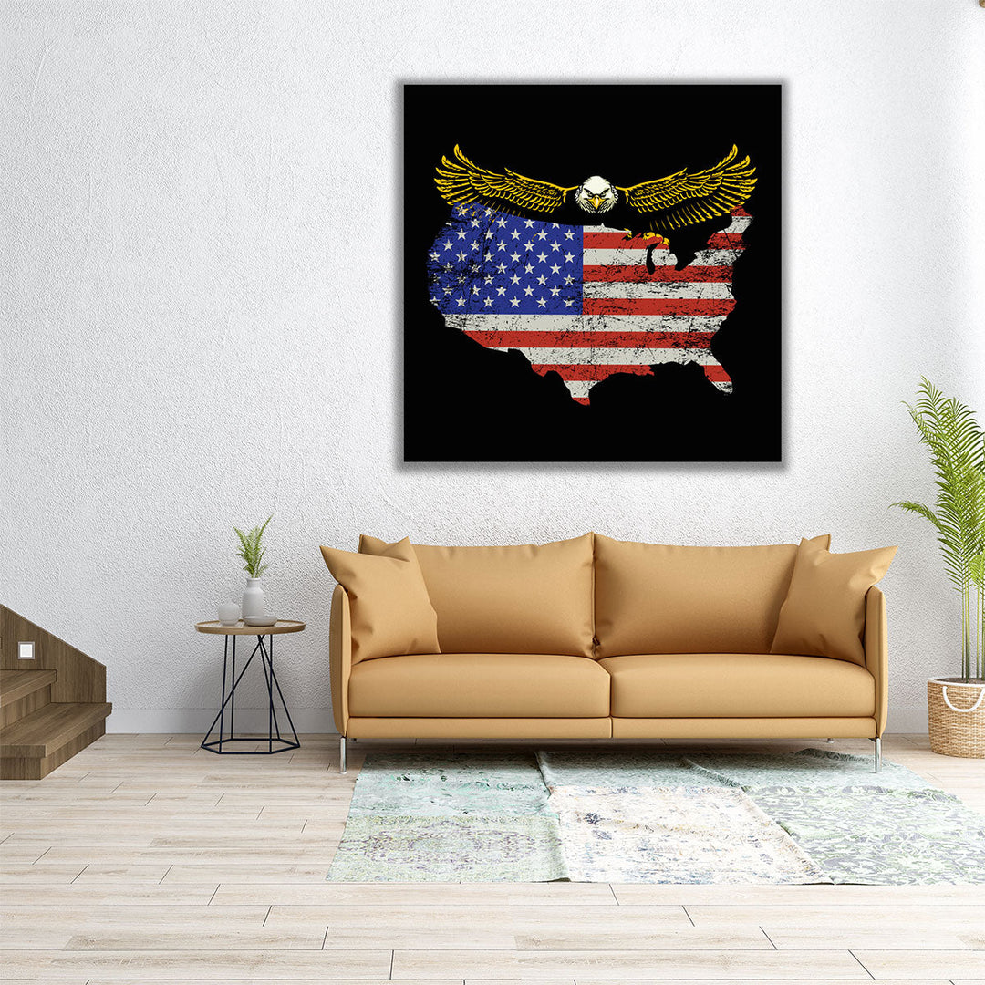 USA Map Shape Flag With An Eagle - Canvas Print Wall Art