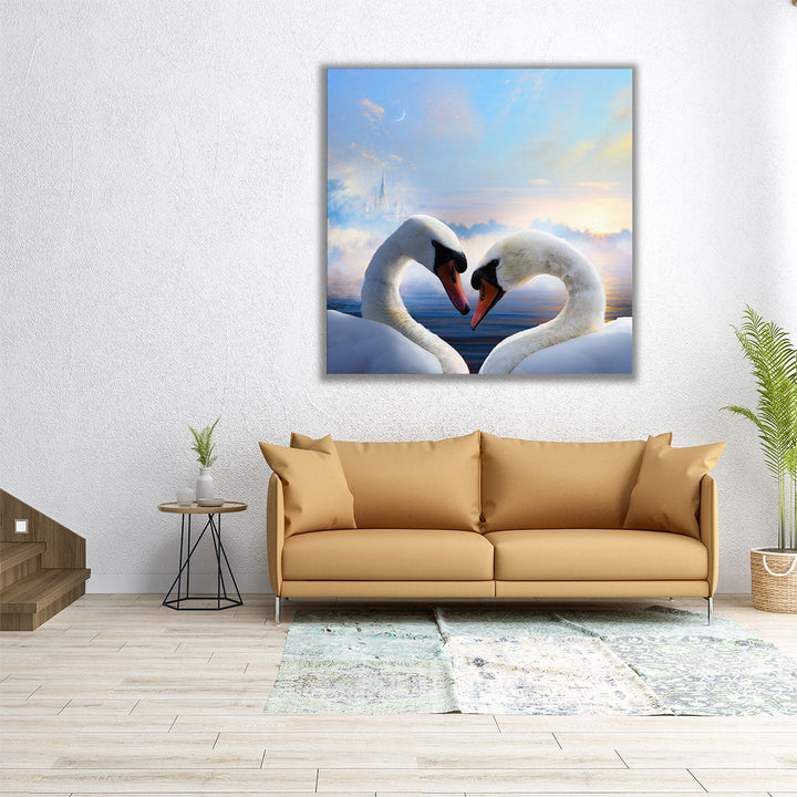 Pair of Swans in Love at Sunrise - Canvas Print Wall Art