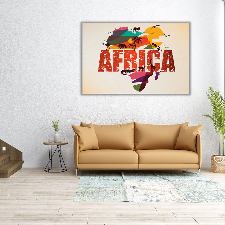 Africa Map With Wild Animals Silhouettes - Canvas Print Wall Art