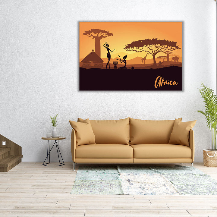 Silhouettes Of Tribal Women During Sunset, An African Landscape - Canvas Print Wall Art