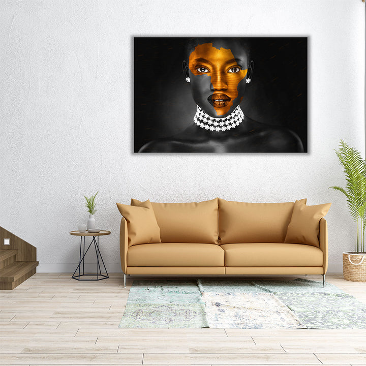 Africa Map Symbol On Black Women Face - Canvas Print Wall Art