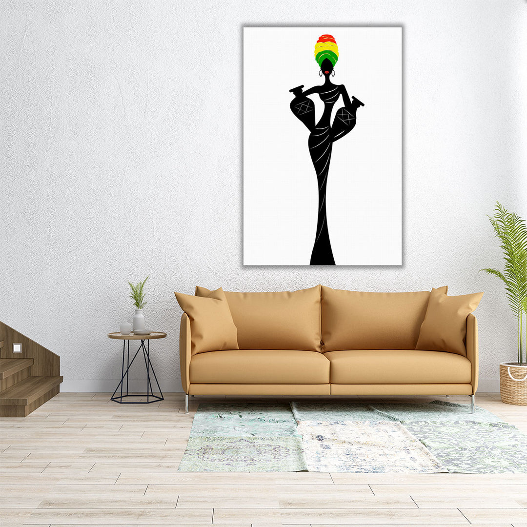 Silhouette Of A Beautiful African Woman With A Turban and Amphorae - Canvas Print Wall Art